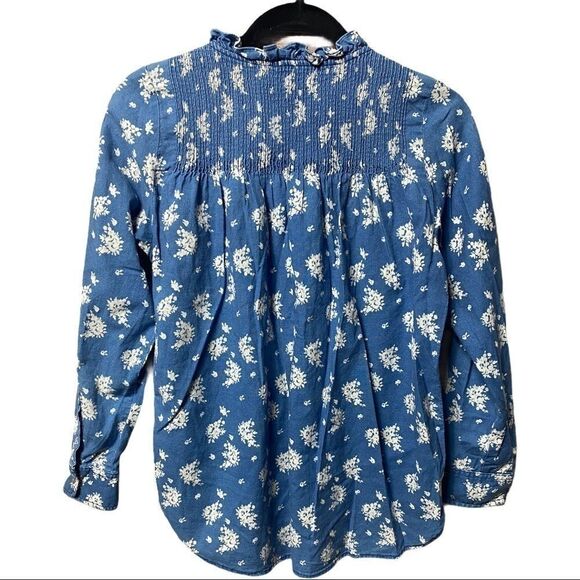 J Crew Indigo Blue Chambray Floral Popover Top - Picture 4 of 7